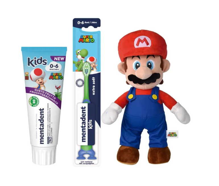 MENTADENT BUNDLE SUPER MARIO KIDS 0-6 ANNI SPAZZOLINO EXTRA SOFT + DENTIFRICIO 75ML + PELUCHE SUPER MARIO